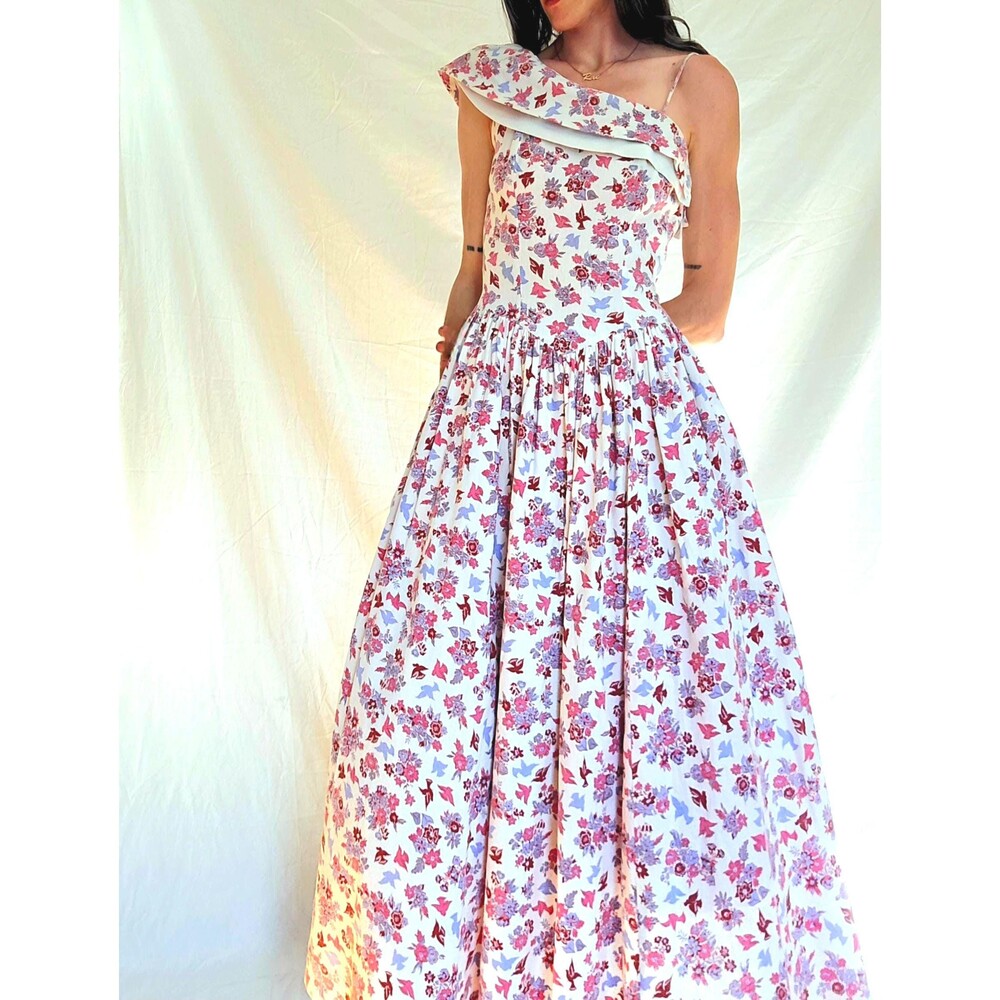 Vtg 1940s Novelty Print Cotton Formal Gown: One Shoulder Floral Maxi Dress S/M - Picture 7 of 14